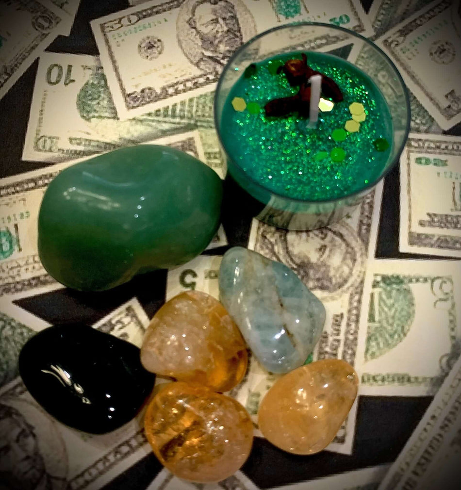 Abundance and Riches Intention Gemstones & Crystals Mix, with Tealight Candle