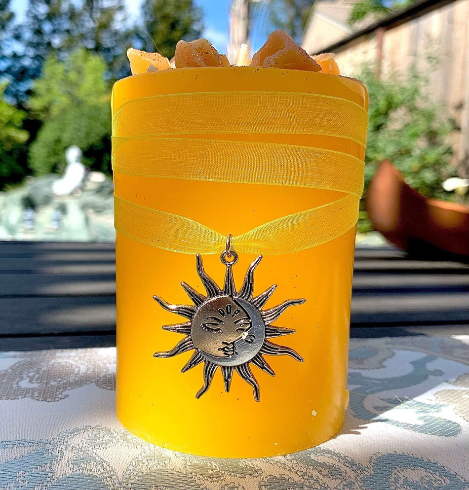 SUN Pillar Candle With Citrine Crystals - 3" x 3"