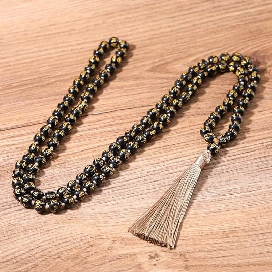 108 Mala Mantra Prayer Beads -  Yoga Buddha Necklace, Natural Stone Obsidian, Engraved Mantra, Tassel Necklace - 6mm