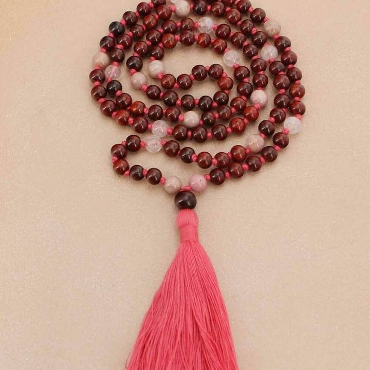 Love and Compassion Rosewood Meditation Mala with Rose Quartz and Rhodonite - 6mm