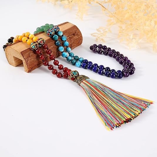 108 Mala Prayer Beads - Chakra Gemstones, Yoga Meditation, Hand Knotted, 8mm